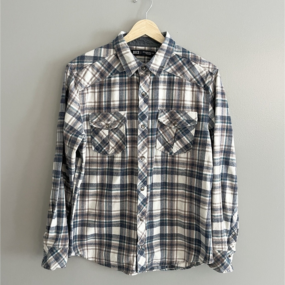 Buckle BKE Flannel Button Front Shirt Plaid Long Sleeve Pearl Snap Standard M